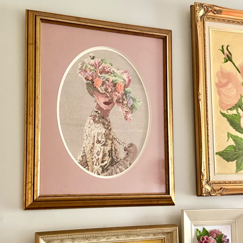 Vintage Needlepoint Lady Portrait with Satin Embroidery Roses in Gold Frame